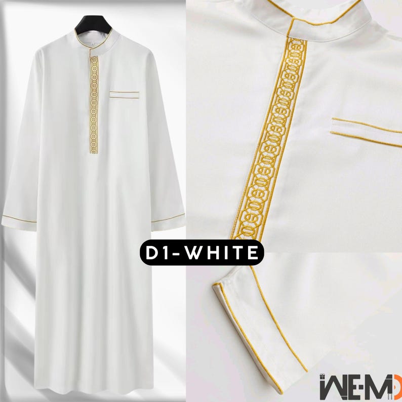 Men’s white thobe with gold embroidered front panel, refined collar details and chest pocket. Traditional Islamic thobe for men, also known as Arabic thobe, Saudi thobe, jubbah, jubba or dishdasha. Elegant Muslim clothing perfect for Eid, Ramadan, prayer and formal gatherings.