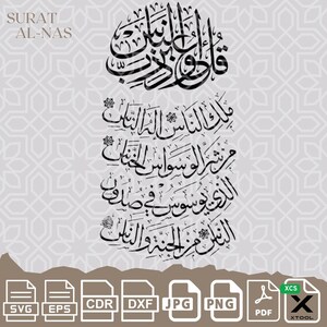 May include: Black and white calligraphy of the Arabic text "Surat Al-Nas" which is the 114th chapter of the Quran. The text is arranged in a vertical column with the title at the top.