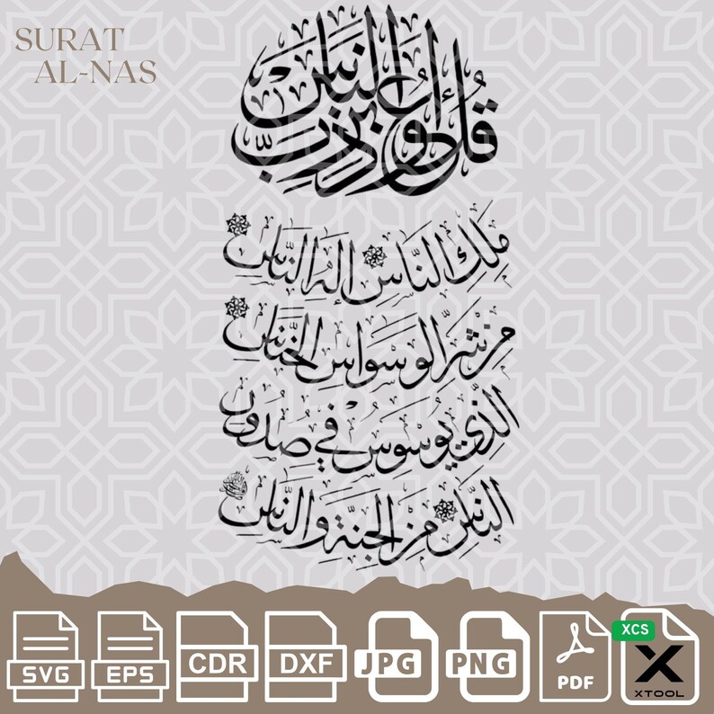 May include: Black and white calligraphy of the Arabic text "Surat Al-Nas" which is the 114th chapter of the Quran. The text is arranged in a vertical column with the title at the top.
