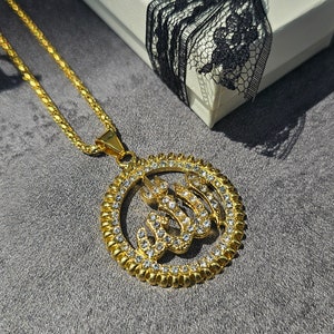 Gold Plated Allah Pendant Necklace with Rhinestones: Islamic Jewelry