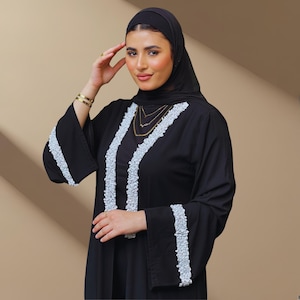 Luxury Black Abaya with Stone Embellished Trim – Elegant Saudi Kaftan | Modest Muslim Dress | Islamic Outfit for Weddings Occasions Nikkah