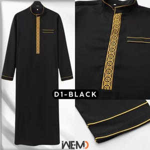 Men’s black thobe with elegant gold embroidery on the front placket, high collar and chest pocket. Traditional Islamic thobe for men, also known as Arabic thobe, Saudi thobe, jubbah, jubba or dishdasha. Premium Muslim clothing suitable for Ramadan, Eid, prayer and formal Islamic occasions.