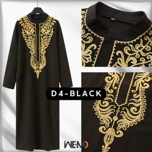 Luxury men’s black thobe with rich Moroccan gold embroidery across the chest and neckline. Premium Islamic thobe for men, also called Arabic thobe, Saudi thobe, jubbah, jubba or dishdasha. High-end Muslim clothing designed for Eid, Ramadan, weddings and formal Islamic events.