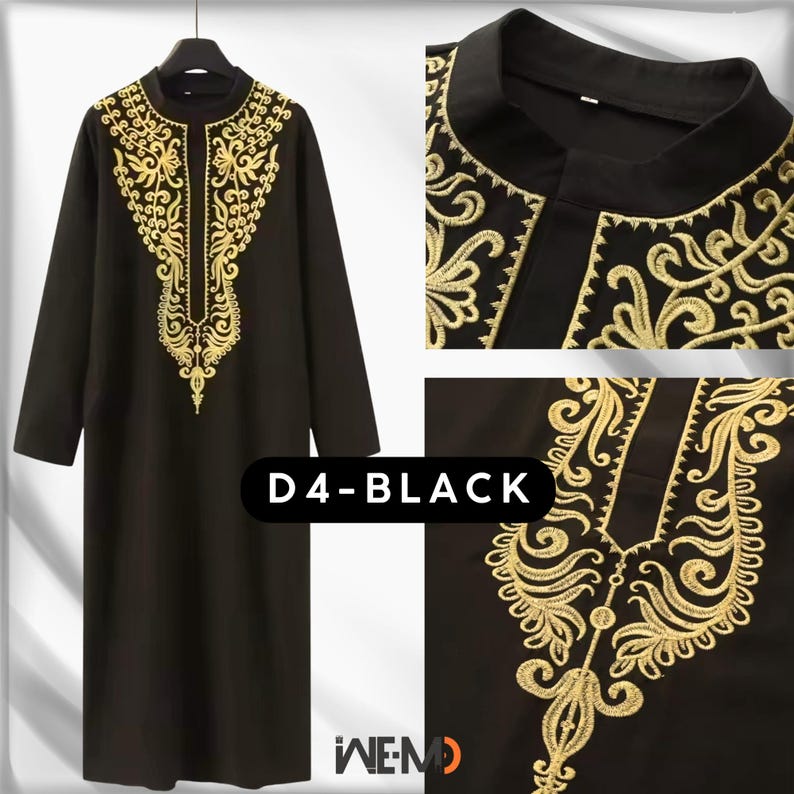 Luxury men’s black thobe with rich Moroccan gold embroidery across the chest and neckline. Premium Islamic thobe for men, also called Arabic thobe, Saudi thobe, jubbah, jubba or dishdasha. High-end Muslim clothing designed for Eid, Ramadan, weddings and formal Islamic events.