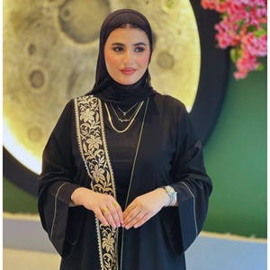Luxury Islamic Abaya Saudi Kaftan Crepe, Gold Ribbon Trim, Dubai Abaya Kimono Style Modest Dress with Belt, Eid & Ramadan Outfit, One Size