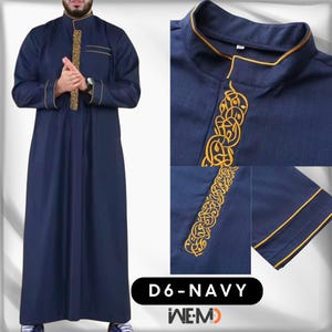 men's thobe gold trim, buttoned collar, chest pocket and embroidered cuffs. Stylish Islamic thobe for men, also known as Arabic thobe, Saudi thobe, jubbah, jubba or dishdasha. Contemporary Muslim clothing suitable for prayer, Ramadan and special occasions.