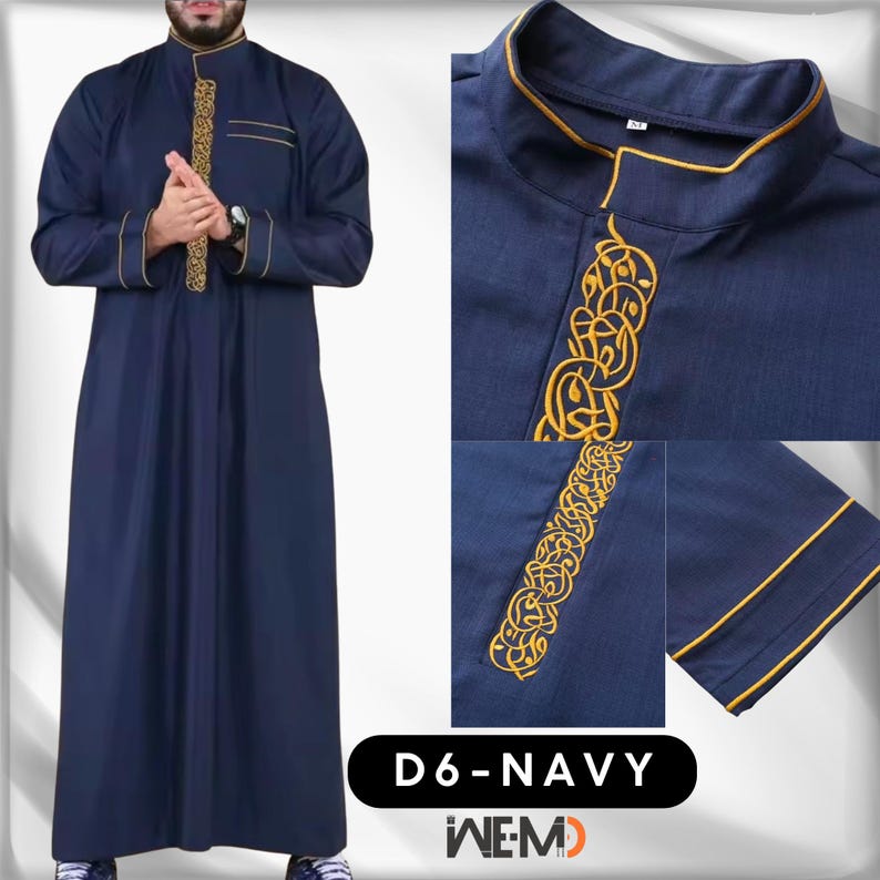 men's thobe gold trim, buttoned collar, chest pocket and embroidered cuffs. Stylish Islamic thobe for men, also known as Arabic thobe, Saudi thobe, jubbah, jubba or dishdasha. Contemporary Muslim clothing suitable for prayer, Ramadan and special occasions.