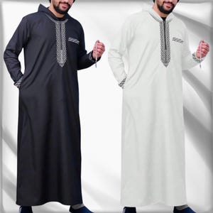 Luxury Islamic Thobe for Men – Embroidered Galabiya – White & Black Jubba Robe – Ramadan Prayer Eid Dishdasha Kaftan, muslim outfit, Abaya