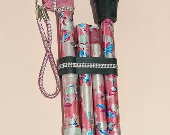 Walking Stick, Pink Floral Bespoke Accessories, Strong, Folding, Lightweight, Adjustable.