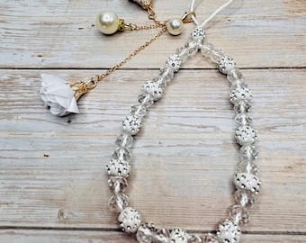 Walking Sticks Strap-Beaded Wristlet with Flowers and Pearly Charms: Phone or Walking Stick Strap