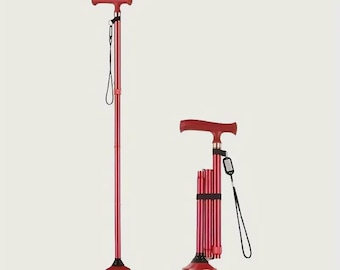 May include: Red adjustable walking cane with a T-shaped handle and a quad base for stability. The cane is shown both fully extended and folded. The handle and base are a darker shade of red than the shaft. A black wrist strap is attached.