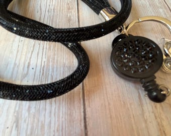 Black Crystal Mesh Lanyard: walking stick and mobile phone security straps.