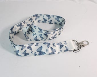 Lanyard, white and blue butterflies Detachable Neck Strap - Chic Walking Pretty Walking Stick. Phone Charm Accessory