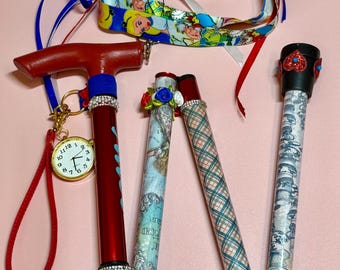 Alice in Wonderland Walking Stick Bespoke. Foldable, lightweight, strong cane.