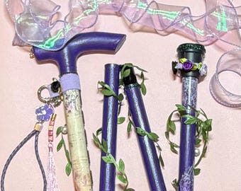 Purple garden Walking Stick, Bespoke, folding and lightweight, hand decorated. Darker vibes.