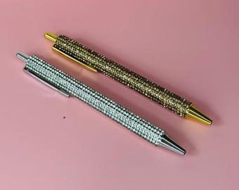 Rhinestone Ballpoint Pen with Velvet Pouch - Silver & Coffee Brown