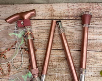 Rose Gold Walking Stick Bespoke Bridal, Special Occassion, flowers and organza sash hand decorated.