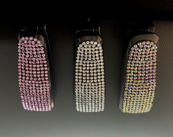 Sunglasses holders, rhinestone car accessories. Pink, Aurora Borealis, Silver