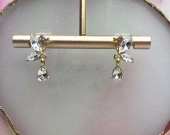 Diamante drop earrings, elegant gold colour, stainless steel post. Pierced ears.
