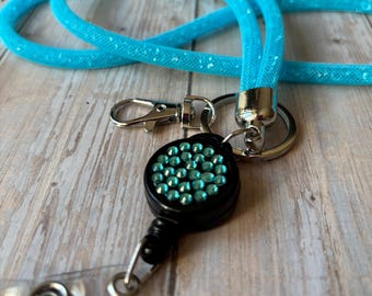 Blue, Crystal Mesh Lanyard: walking stick and mobile phone security straps.