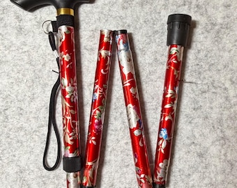 Walking Stick, Red Floral Bespoke Lightweight Folding Cane,