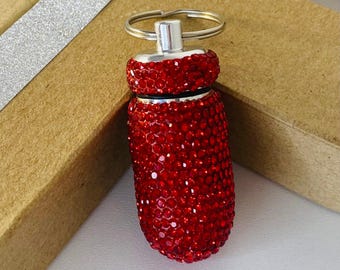 Pill Pendant Red Sparkly attach them to bags, walking sticks, store earrings/nose studs, Tic Tacs, hair bands, baby teeth, ear plugs etc.