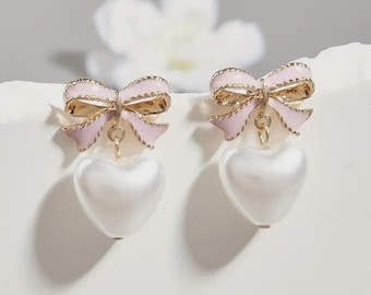 Pink Bowknot Heart Imitation Pearl Drop Earrings: 14K Gold Plated