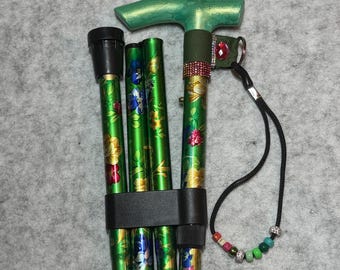 Walking Sticks- Light Green Floral Folding Walking Stick: Lightweight Adjustable Cane, Bespoke versions available