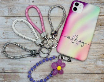 Plaited Wristlet Straps, lilac flower bauble, for small hands or just a little hold strap for walking sticks, Rhinestone Mobile Accessory