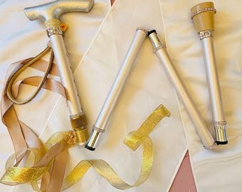 Pale gold/champagne Walking Stick. Bridal/Birthday, silver gems, pale gold sash, handmade accessories. Made to order