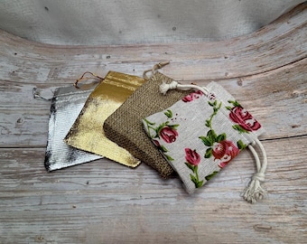 Gift bags, small, 10cms x 7cms, linen floral , gold, silver, hessian material.