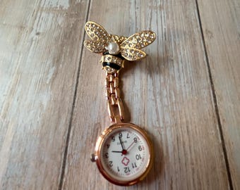 Bee Nurse Watch in Enamel Crystals Pearl: Black, Drop Watch  Pocket Accessory