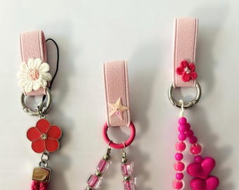 Pink Handmade Walking Stick Connector for safety straps, wristlet, charms and more. Elastic Strap in many colours