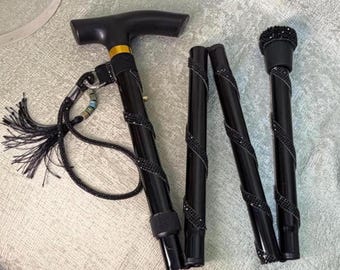 Walking Stick, Black Rhinestone Classy Bespoke,  Handmade Accessories Included.
