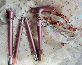 Rose Gold Walking Stick, bespoke with flowers, aurora borealis and organza