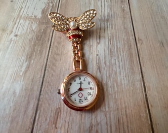 Bee Nurse Watch in Enamel Crystals Pearl: Red, Drop Watch  Pocket Accessory