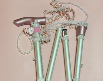 Pearl White & Rose Gold bespoke walking stick. Flowers, ribbons with pearls and rhinestone trim.