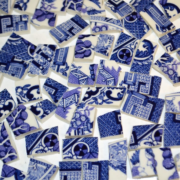 100 Blue and White Toile Transferware Hand Cut China Plate Mosaic Tile