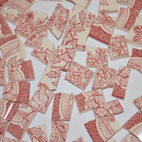 100 Red Pink and White Toile Transferware Hand Cut China Plate Mosaic Tile