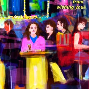 Download digital para impressão de cartão de aniversário dobrado 5x7 "Depois da meia-noite" com cena de café