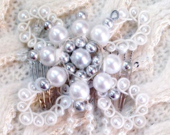 Pearl Snowflake - OOAK Kanzashi Hair Ornament Comb by Christina Stoppa