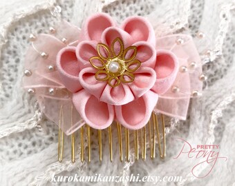 Pretty Peony - OOAK Tsumami Kanzashi Hair Ornament Comb by Christina Stoppa