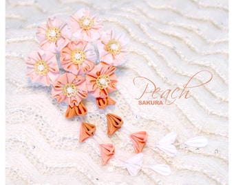 Peach Sakura - OOAK Tsumami Kanzashi Hair Pin Ornament Falls
