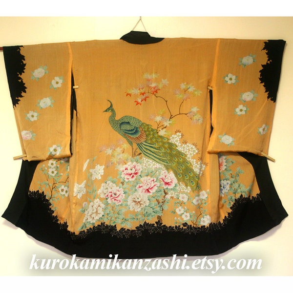 Peony Peacock - Antique Japanese Women's Silk Muso Haori Kimono Jacket Made for Export Reversable