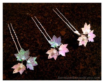 Little Winter Maple - Kanzashi Hair Pin Leaf Leaves Blue White Sequin Pearl