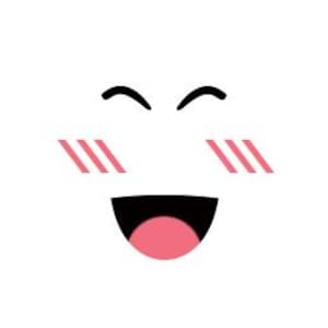 以下が含まれることがあります： 黒い曲がった眉毛、ピンクのチークマーク、ピンクの舌を持つ大きく開いた口を持つ、白い笑顔の顔。 デザインはシンプルで漫画風で、大胆な線と陽気な表情をしています。
