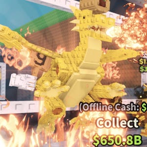 Puede incluir: Un dragón amarillo hecho de bloques, con el texto "Dragon Cannelloni Secret". El dragón está rodeado de llamas y el texto "Collect $650.8B".