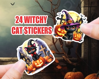 Black Cat Witch Hat Stickers: Spooky Halloween Decals (24 Pcs)