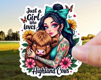 Highland Cow Girl Sticker: Waterproof Vinyl, Glossy or Holographic