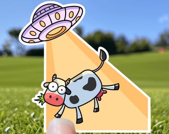 Alien UFO Cow Abduction Sticker: Waterproof Vinyl with Gloss or Holographic Laminate